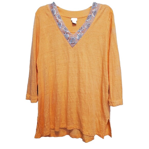 Chico's Linen Orange Sequined Embellished V-Neck Tunic Size 3 (XL) - Picture 1 of 7